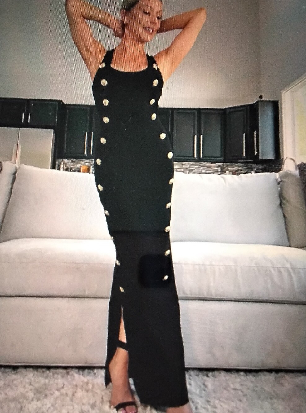 Body-Con Black Halter Floor Length Loin Head Gold-Tone Button Trim Dress Sz XL